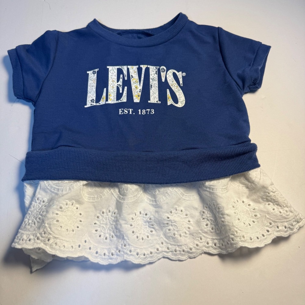 Levis Toddler Girls Blue Sweatshirt White Eyelet Lace bottom 2T Floral Logo